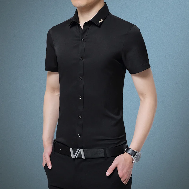 Мужские облегающие рубашки размера плюс летние повседневные из чистого шелка с