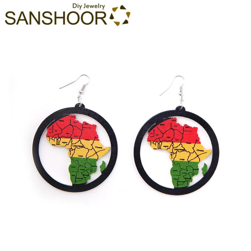 SANSHOOR окрашенные африканские цвета карта деревянные висячие серьги Afrocentric