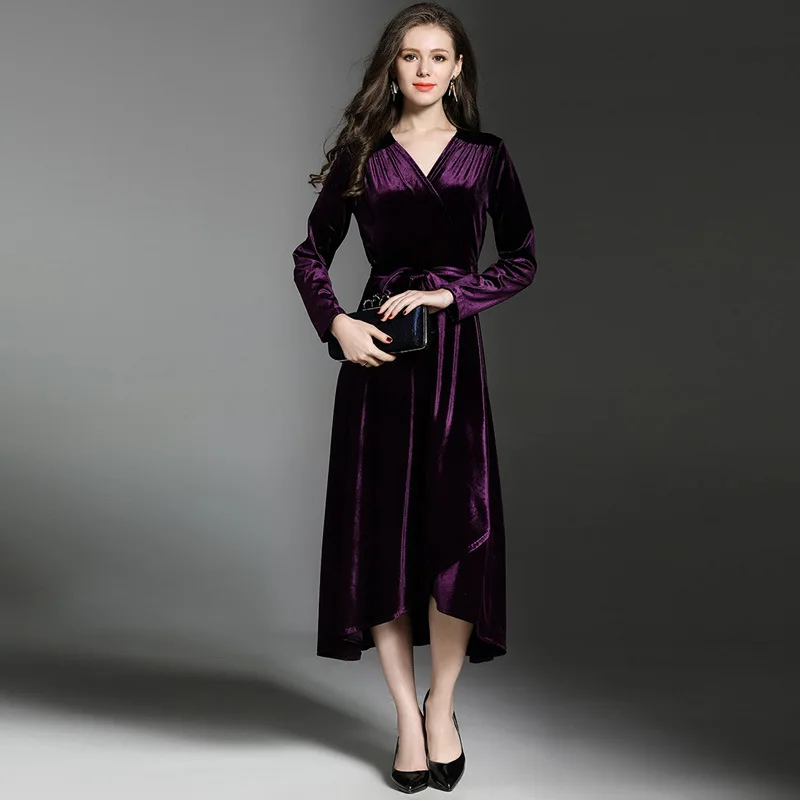 autumn Big Pendulum Purple Velvet Dresses Woman Dress 2018 Lotus Leaf Long Sleeve Ladies Kleider Damen N3238 | Женская одежда