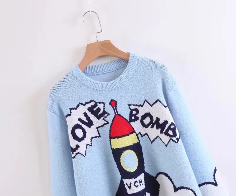 Jenny&ampDave BTS sweater women 2018 high street o-neck batwing oversize loose rocket and letter Jacquard weave pullovers top | Женская