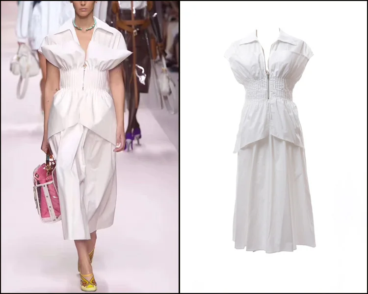New 2019 Summer Elite Pressed Pleated Belt Shirt Neckwear Medium length Temperament Slim Dress | Женская одежда