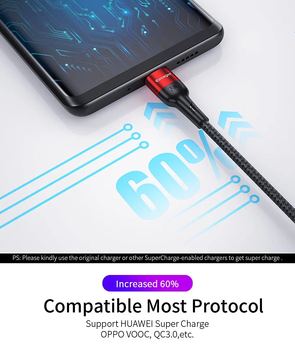 Кабель Essager 5A usb type-C для huawei mate 20 P30 P20 P10 P9 Pro OPPO R9 R7 R5 USBC type-C кабель для быстрой зарядки 4,0 USB-C