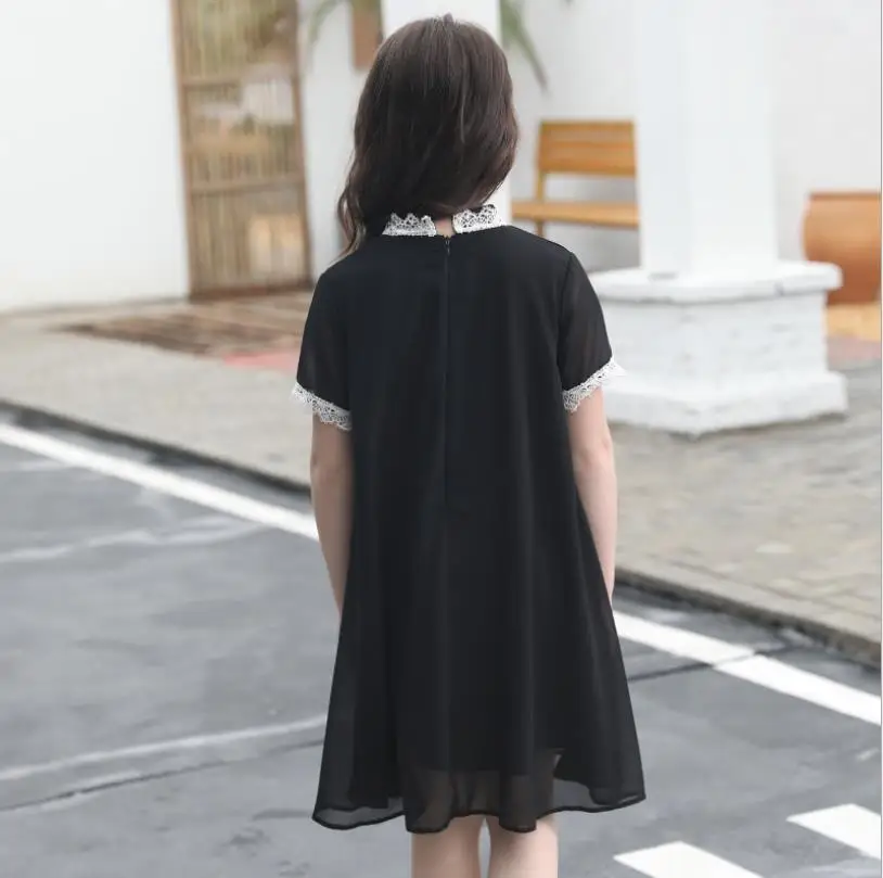 Free shipping girls embroidery dress teenage short sleeve black loose children holiday kids clothes 6-16Y ws604 | Детская одежда и