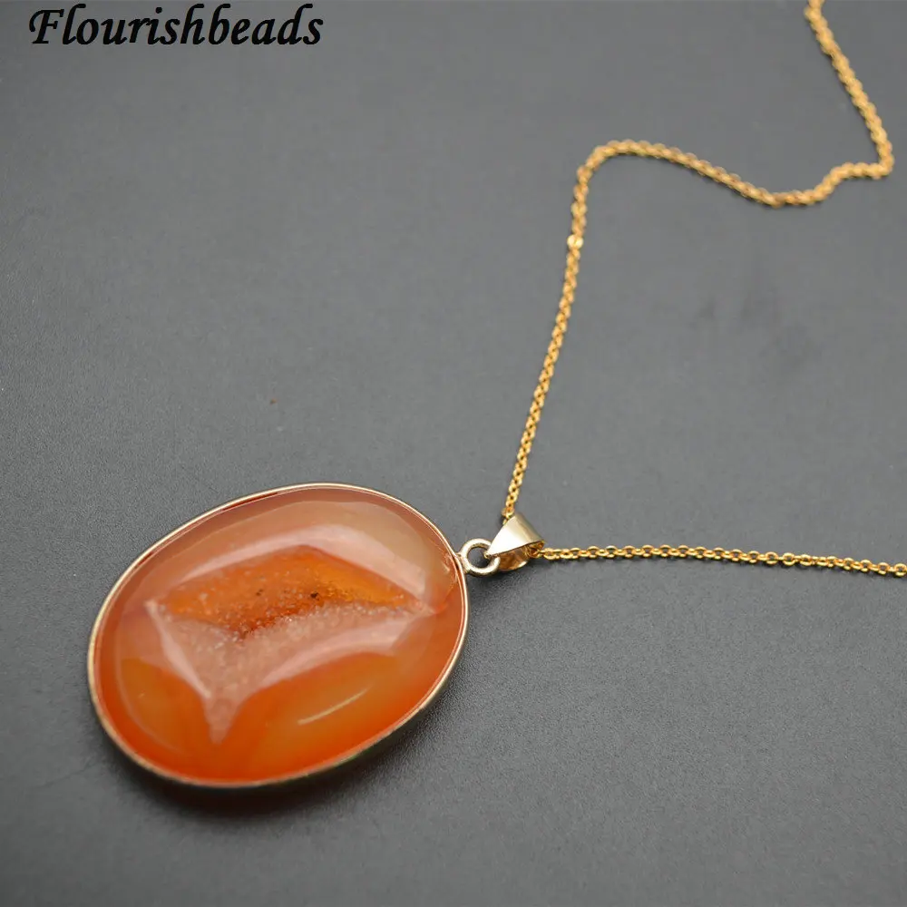 

Polished Champagne Color Natural Geode Druzy Agate Stone Pendant Linked Chains Necklace Fashion Woman Party Jewelry