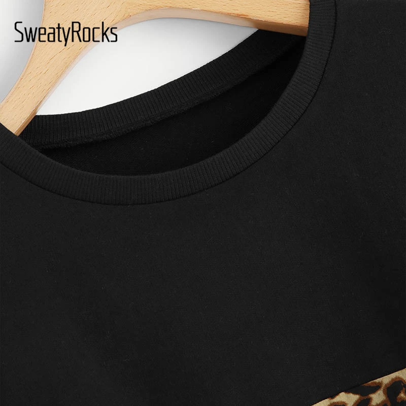 Свитер с леопардовым принтом SweatyRocks, Женский пуловер с длинным рукавом и круглым вырезом, топы, уличная мода, весна-осень, повседневные толстовки