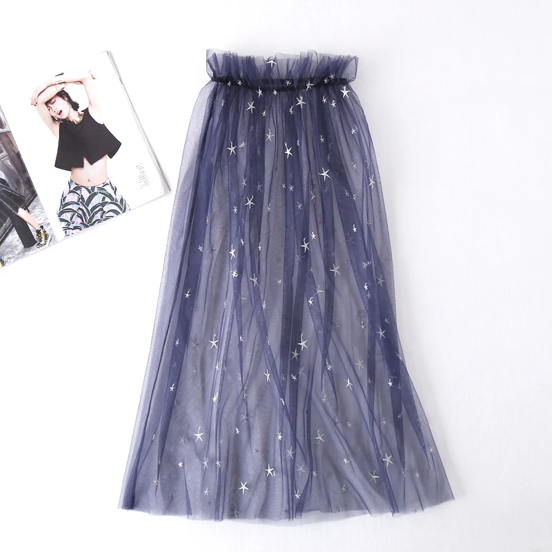 Женская весенне летняя пикантная сетчатая Юбка со звездами и вышивкой модная