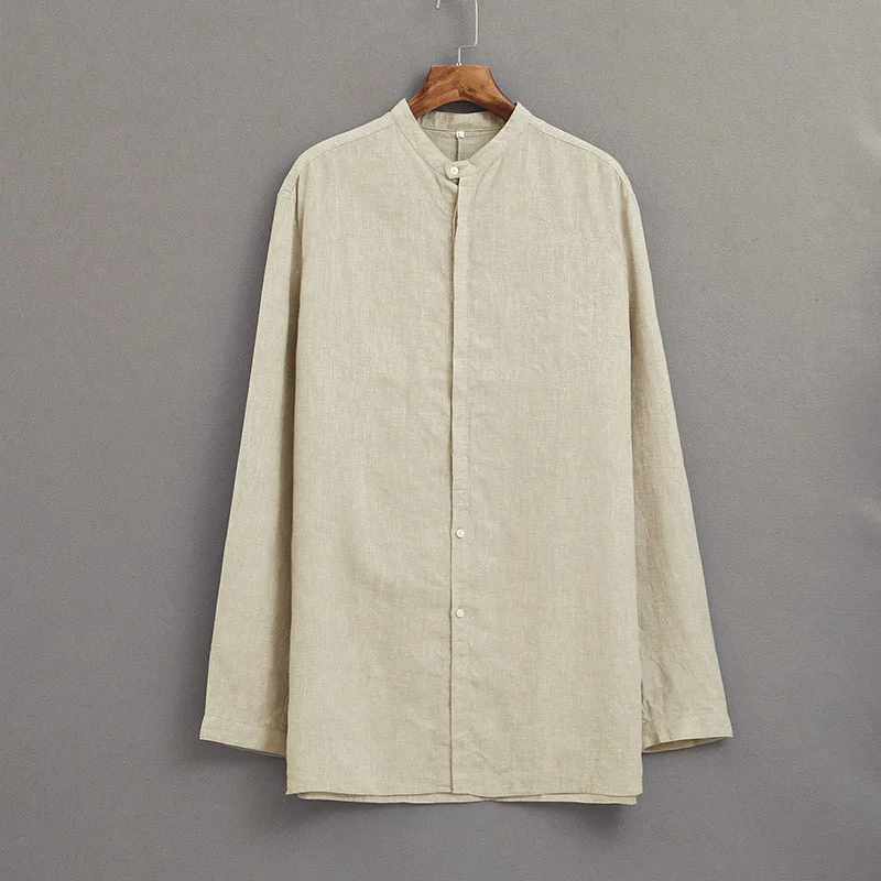 

2018 New linen shirt men's long sleeve stand collar simple casual shirt men solid white loose shirts male large camisa chemise
