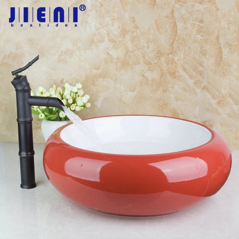 

JIENI Round Ceramic Basin Sink Red Color Wash Ceramic Basin Sink Set Artistic European Basin With Oil Rubbed Bronze Faucet Set