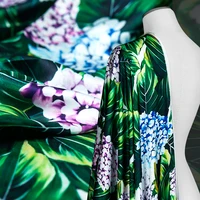 full pattern couture fashion chiffon fabricfaux silk satinhydrangea floralgreen leavessmoothdrapesewingcraft by the yard