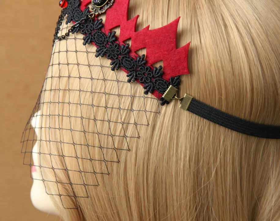 Red Fabric Felt and Black Cabs Crown Shape Handband Women`s Mesh Veil |