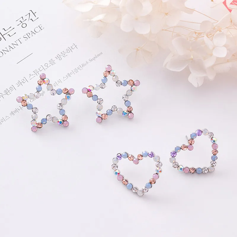 Modern Women's Earrings 2018 Simple Colorful Zircon Heart Star Women Stud Korean Fashion Cute Female Jewelry Accessorie | Украшения и