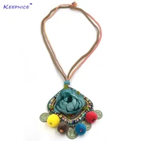 new handmade bohemia jewelry rose flower pendants necklaces leather chain retro pompoms pendants necklace for women