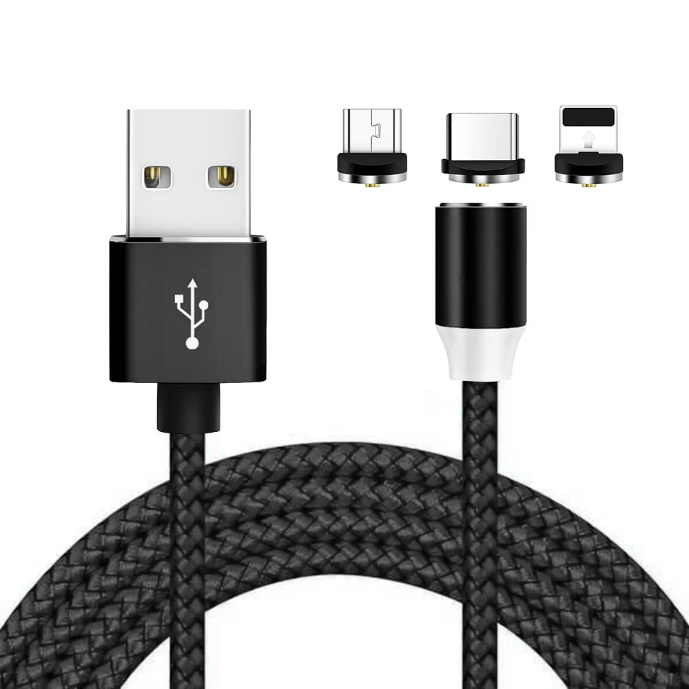 Черный 3 в 1 Магнитный зарядный кабель, Micro USB кабель для iPhone XR XS Max X магнитное зарядное устройство usb type C USB кабель светодиодный кабель для зарядки - Цвет: Черный