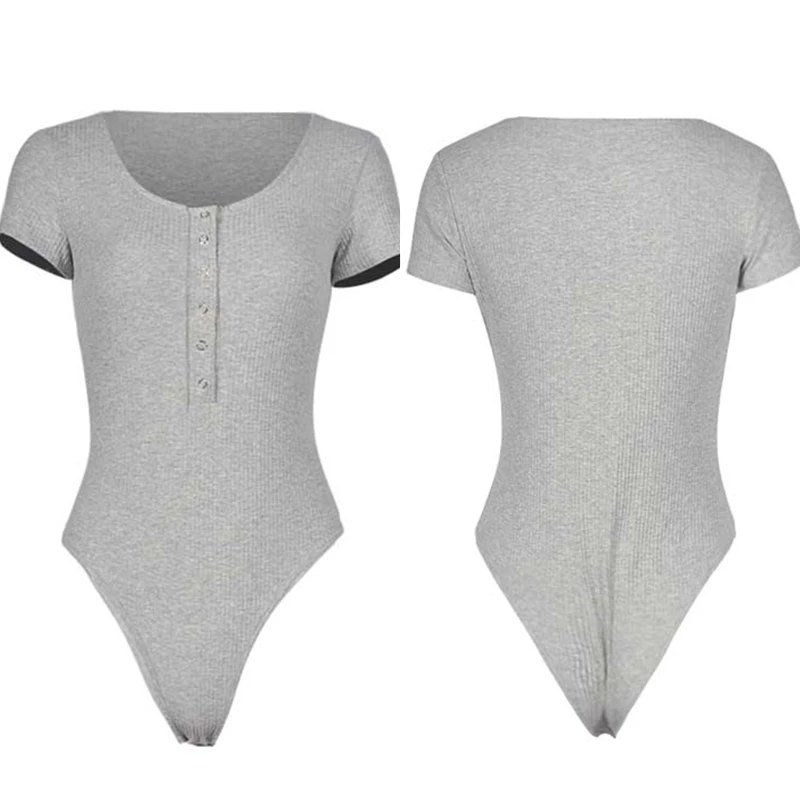 

SEBOWEL Summer Short Sleeve Bodysuit with Button Woman Sexy Solid Bodycon Bodysuits Femal Jumpsuits Skinny Clothing Body Tops