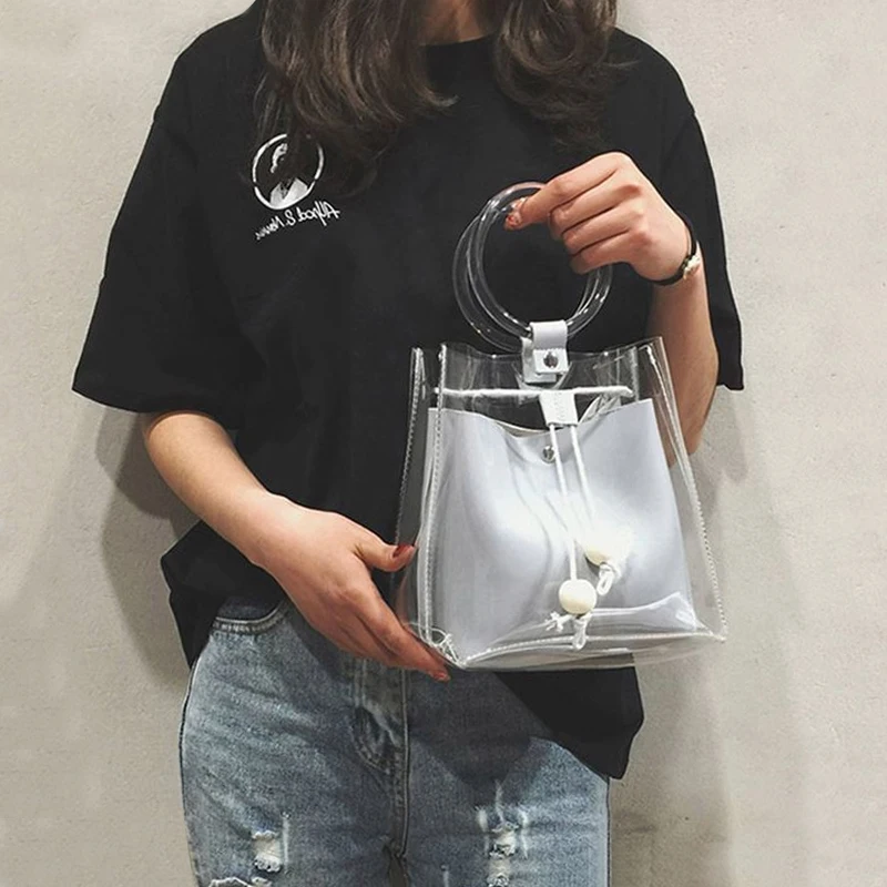 

CASMOR 2018 Fashion Women Brand Mini Small Shoulder Bag Clear Transparent Drawstring Cute Girls Composite Bag Handbags Female