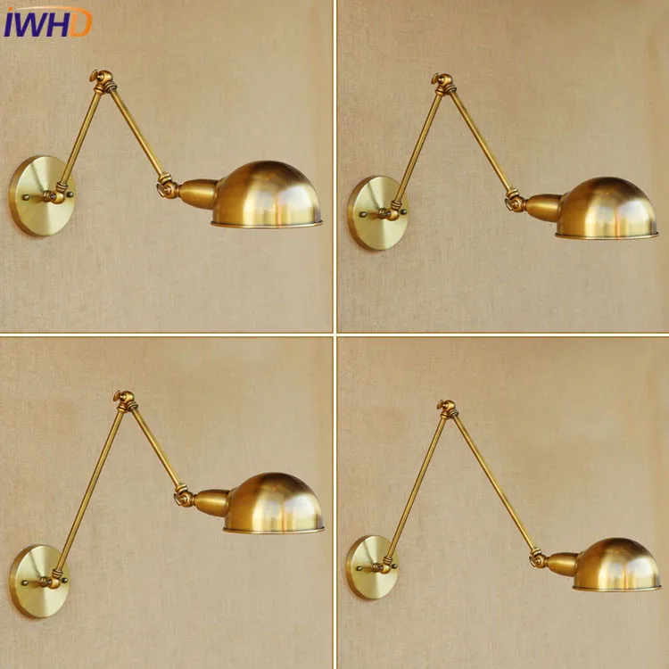 

IWHD Loft Vintage Iron Wall Light Lamp For Home Bedroom Bare restaurant Retro Long Swing Arm Gold Wall Lights Indoor Lamparas