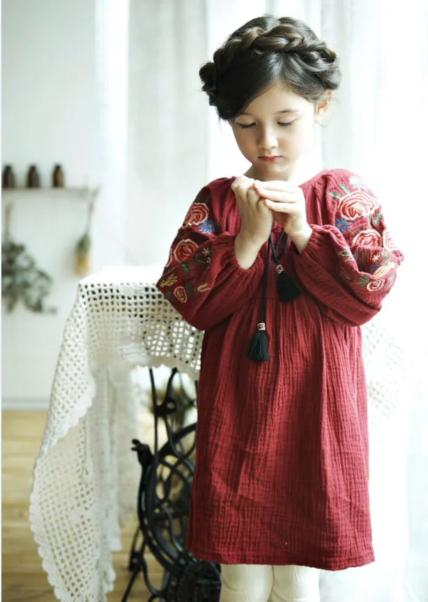 Платье с длинными рукавами для маленьких девочек-подростков; vestidos; коллекция года; сезон весна-осень; рождественское платье с вышивкой; хлопковые льняные платья; детская одежда