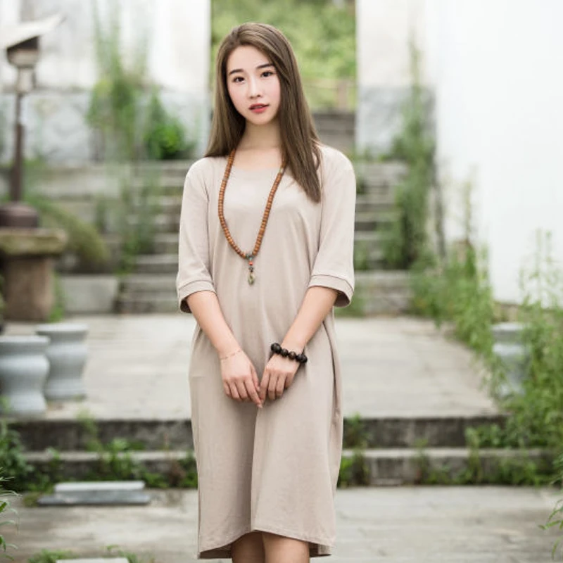 

2016 Summer Women Casual Dress Long Sleeve O Neck Linen Cotton Solid Loose Fit Loose Long Maxi Dresses