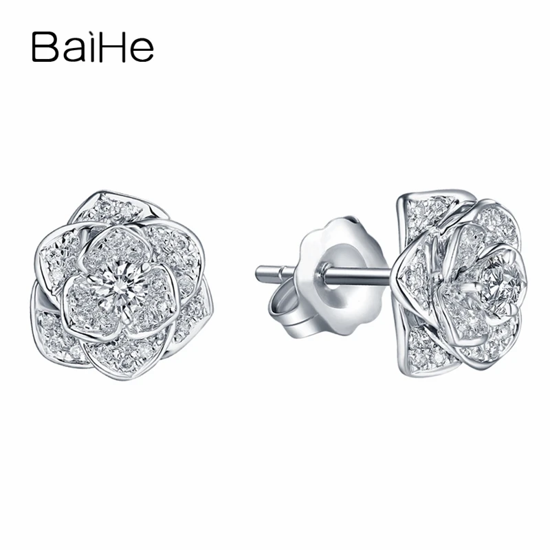 

BAIHE Real Solid 14K White Gold H/SI Natural Diamond Wedding Earrings Trendy New Fine Jewelry Flower Stud Earrings Women Girl