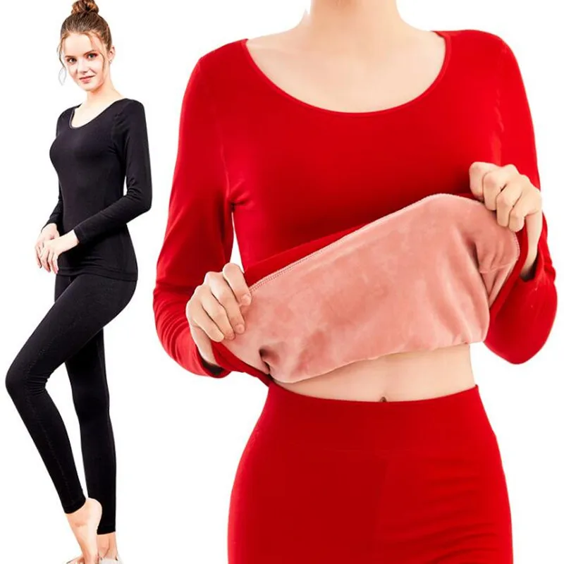 

Winter Thermal Underwear For Women Ladies Wool Cashmere Thick Fleece Thermos Long Johns Velvet Warm Female Body Skin Clothes