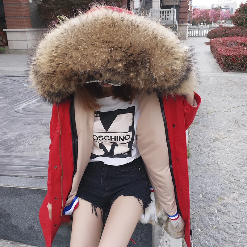 

Women's Real Rabbit Fur Lining Winter Jacket Coat Long Natural Large Raccoon Fur Collar Hooded Parkas Outerwear Female