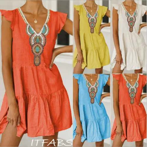 Женское хлопковое льняное мини-платье Boho с цветочным принтом и оборками