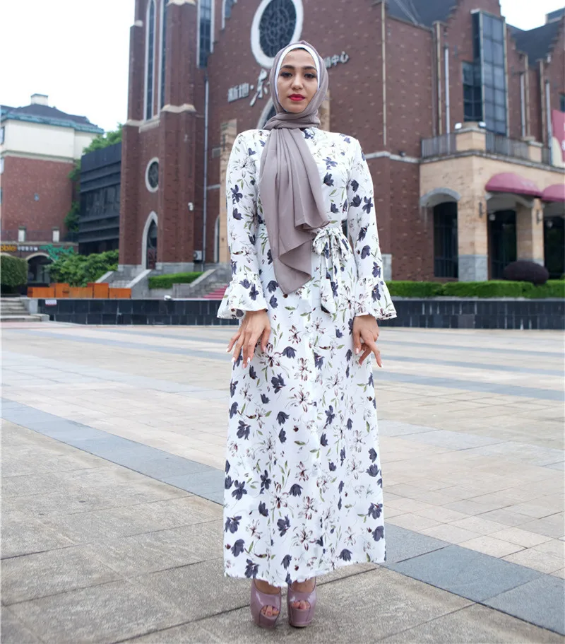 Женское платье с цветочным принтом Abaya черно белое длинное мусульманское макси