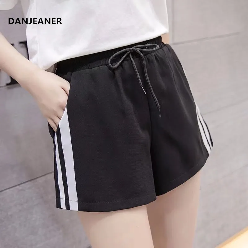 

Женские шорты с завязками на боку DANJEANER, черные шорты с эластичной талией в полоску для спорта и отдыха на лето 2019