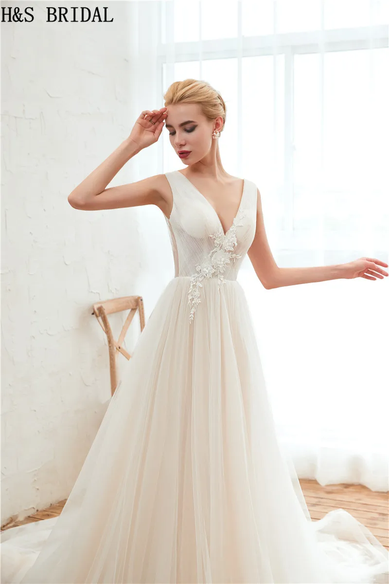 H&S BRIDAL V Neck boho wedding dress Lace Applique Wedding Gowns 2019 Beach Dress Backless Bridal vestido de noiva | Свадьбы и
