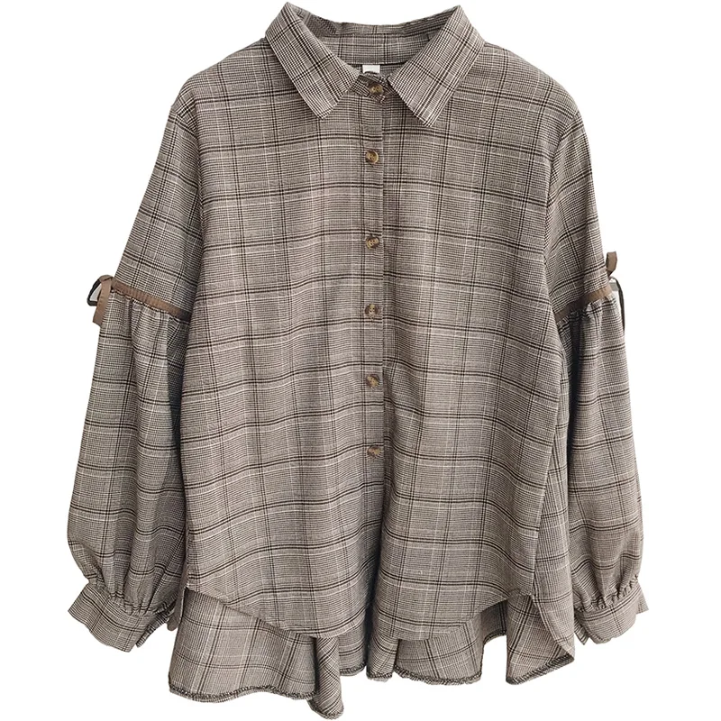 Wind restoring ancient ways chic harajuku grid easing in bf long posed schoolgirl shirt sleeves shirts port |