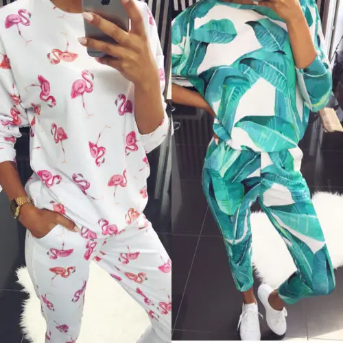 Осень 2 шт. Для женщин мода спортивный костюм толстовки цветочный завод печати