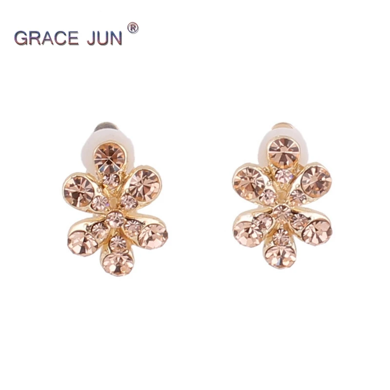 

GRACE JUN Women's Rhinestone Crystal Clip on Earrings No Pierced High Quality Flower Shape Cushion Earrings Not Allergy Bijoux