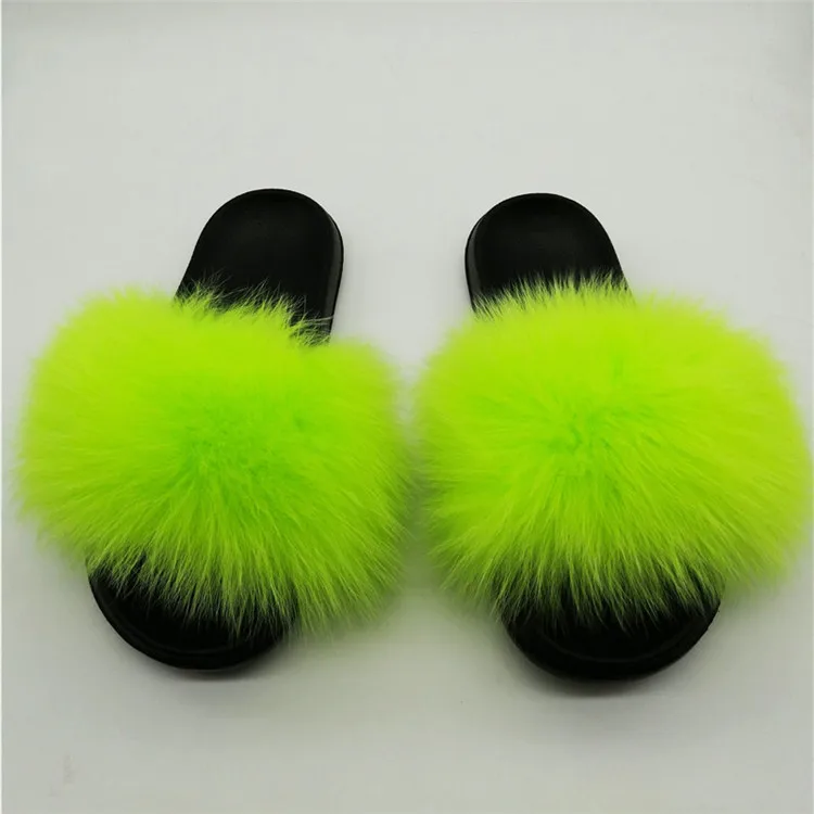 Women Fox Fur Slippers Real Fox Fur Slides Lovely Plush Slippers Woman Summer Home Sandals Women Fur Slides Furry Flip Flops Hot