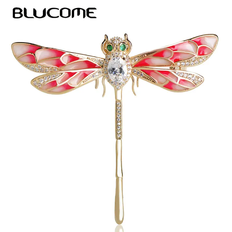 Женская брошь в форме стрекозы Blucome золотистая из меди и розовой эмали аксессуар