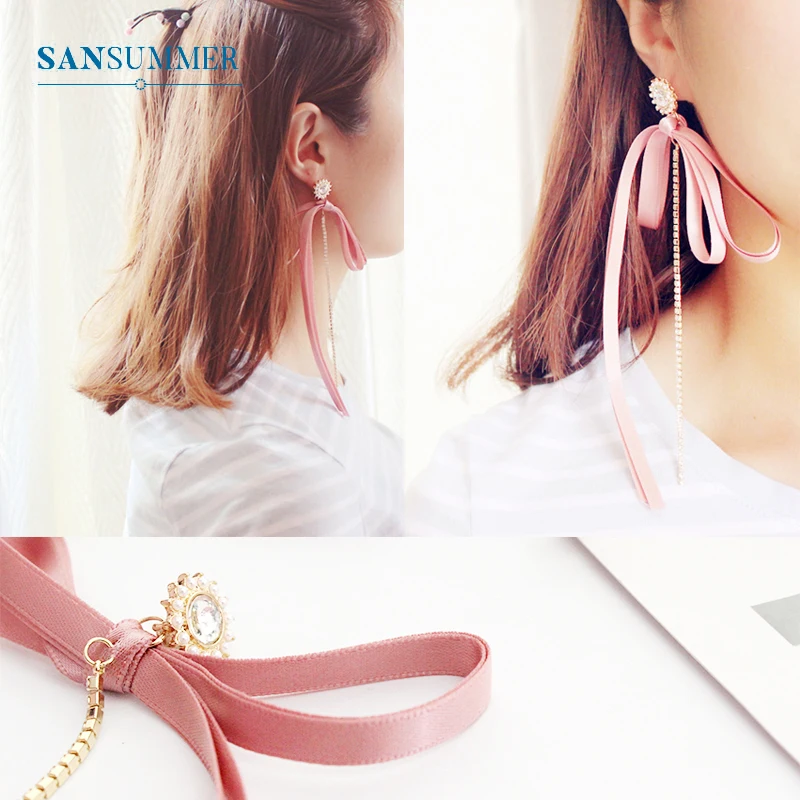 Новые модные женские серьги ленты SANSUMMER розовые черные подвески с бантом