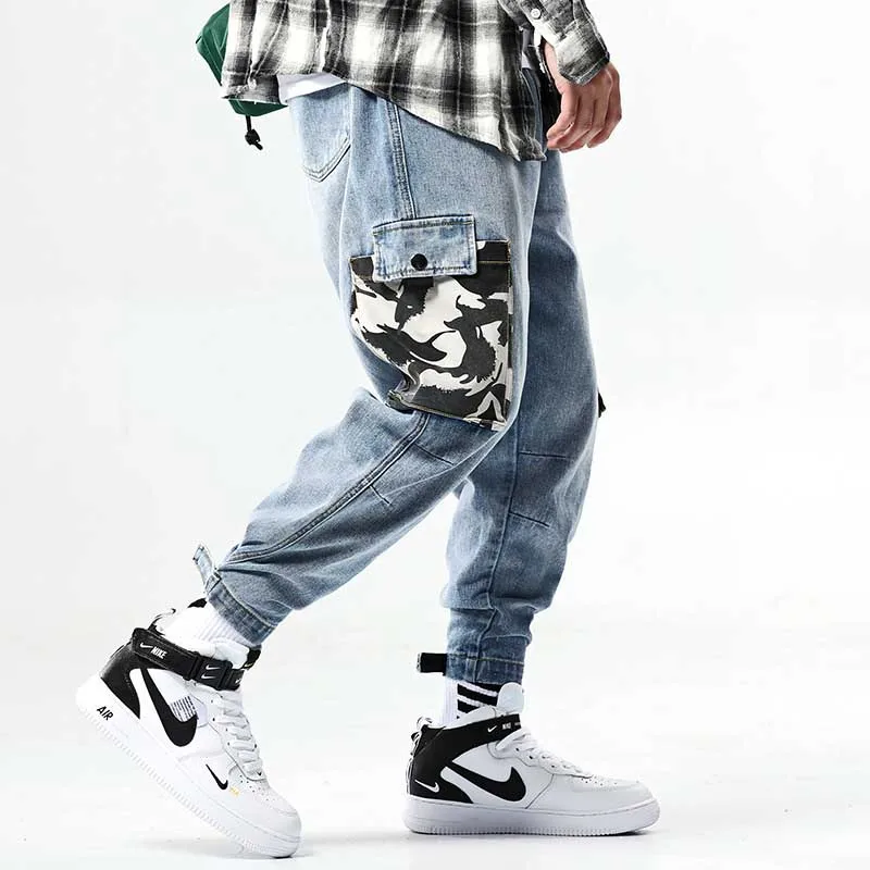 Модные мужские джинсы брендовые камуфляжные брюки карго с карманами шаровары в