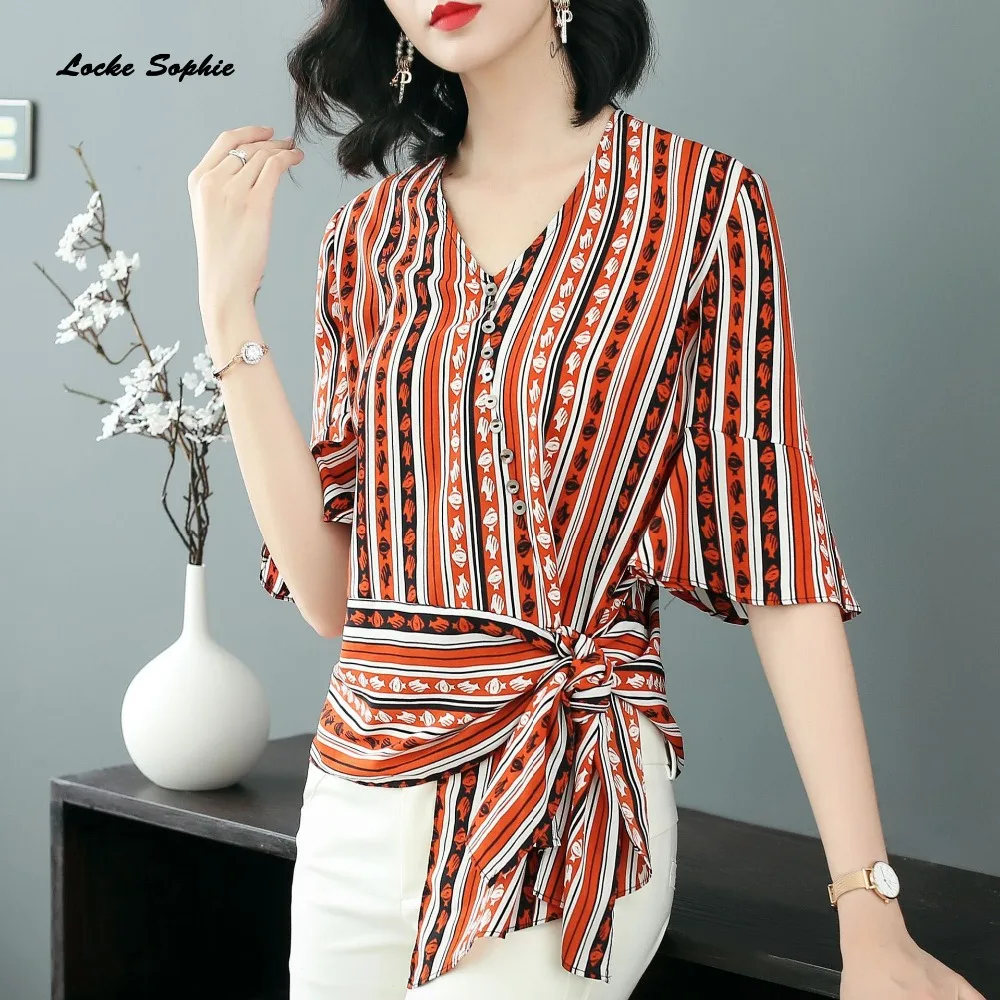 1pcs Ladies Plus size blouses tops 2019 Spring Fashion chiffon prints Mosaic V-neck Primer shirt women's Skinny Retro shirts |