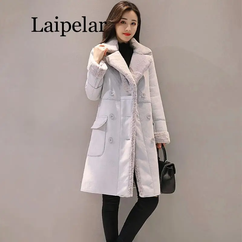 Женское замшевое пальто с мехом Толстая теплая длинная куртка из искусственной