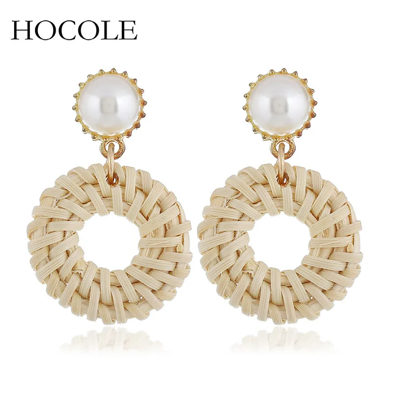 

Bohemian Inmitation Pearl Charm Straw Weaving Rattan Knit Hollow Circle Drop Earrings For Women Statement Party Jewelry Bijoux