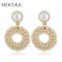 bohemian inmitation pearl charm straw weaving rattan knit hollow circle drop earrings for women statement party jewelry bijoux