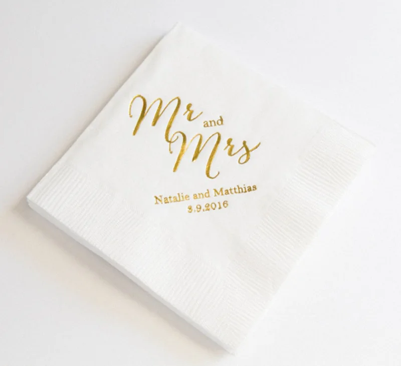 

50pcs Personalized Wedding Napkins Golden Printed Custom Monogram Paper Napkins Birthday Bridal Shower Party Dinner Napkin
