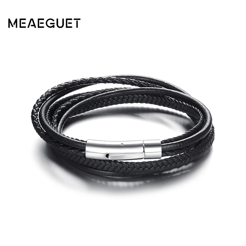 Meaeguet хип-хоп браслет из нержавеющей стали браслет из застежек плетеный браслет из натуральной кожи браслет ювелирные изделия для женщин и мужчин