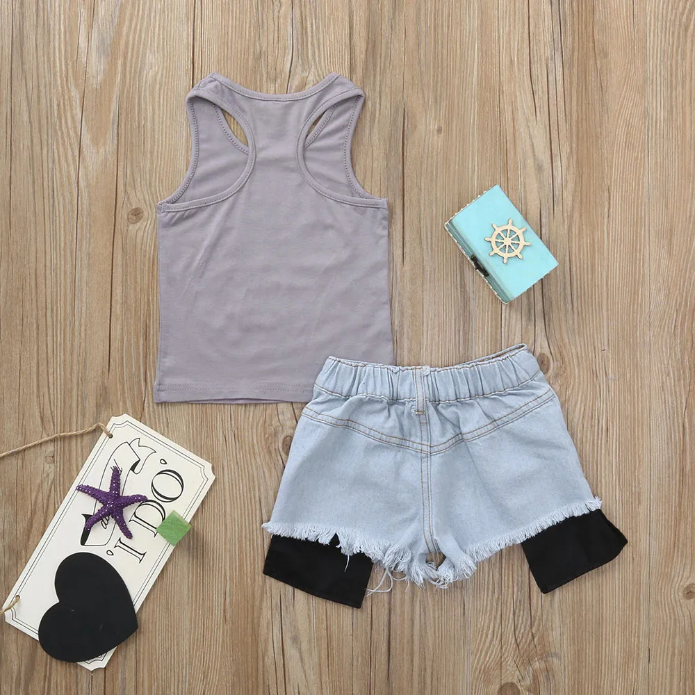 2 шт. жилет с надписью и рваные джинсовые шорты для девочек|Комплекты одежды| |