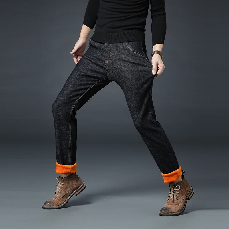 Мужские мешковатые джинсы черные синие для зимы теплые флисовые из плотной