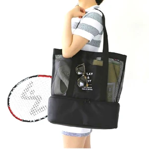 Нейлоновые большие сумки для ланча, Женская водонепроницаемая сумка для еды, Портативная сумка для еды, двухслойные пляжные сумки через плечо, сетчатый изолированный пакет для льда