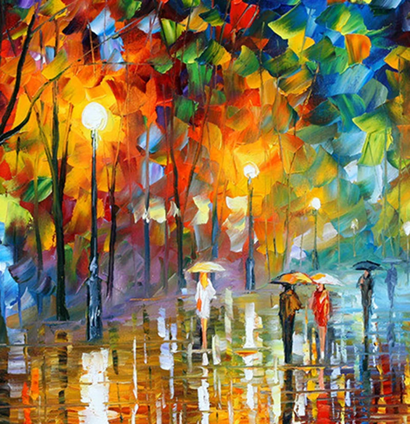 Large Handpainted Lover Rain Street Tree Lamp Landscape Oil Painting On Canvas Wall Art Pictures For Living Room Home Decor | Дом и сад