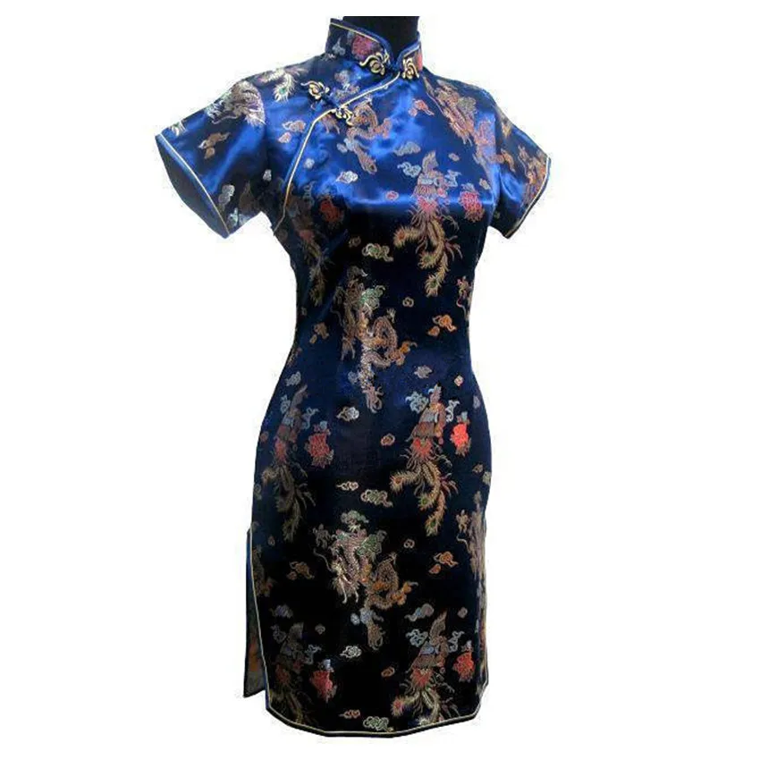 Женское платье Ципао синее классическое сатиновое размер S M L XL XXL XXXL 4XL 5XL 6XL |