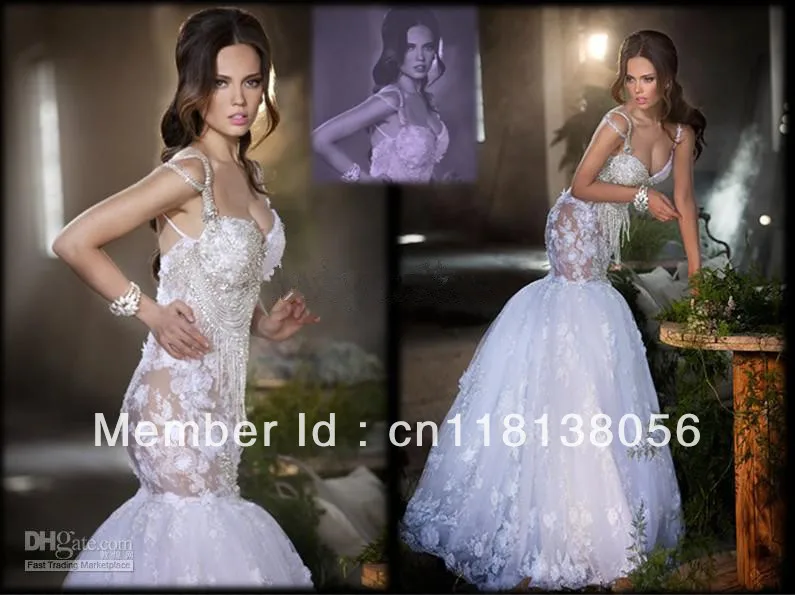 Free shipping 2013 empire sexy mermaid bridal gown spaghetti straps Beads appliques beading organza lace Wedding Dresses | Свадьбы и