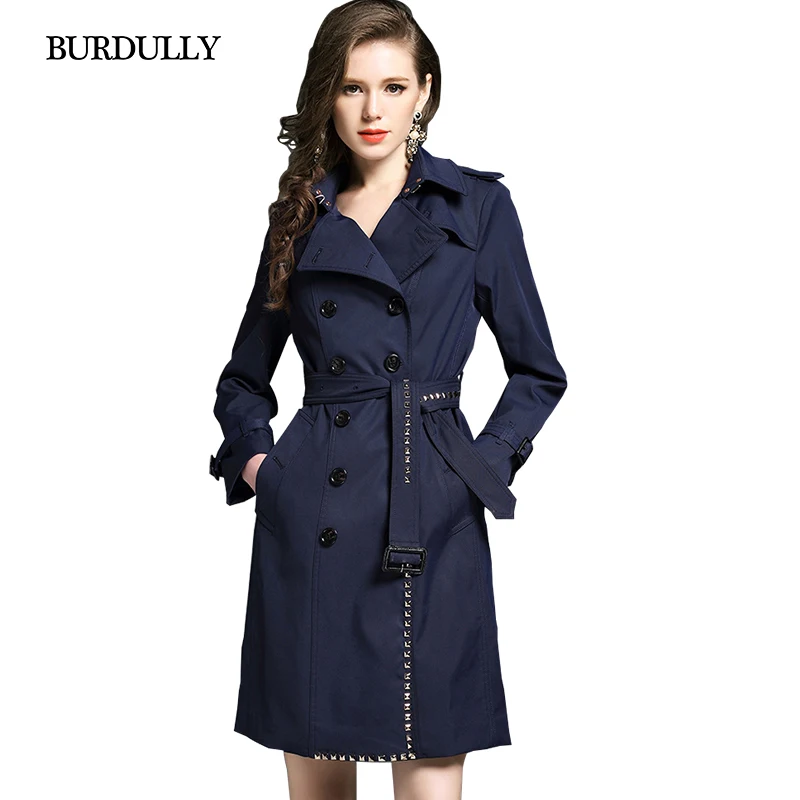 BURDULLY British Style 2019 Winter Trench Coat Ladies Para As Mulheres Elegant Noble Rivet Long Vintage High Quality | Женская одежда