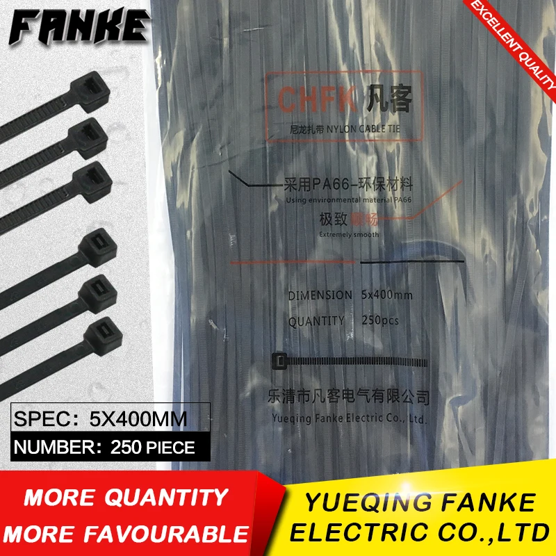 Pacote 5*400 mm Largura 4.8 mm Cor Preta Padrão Nacional Auto-travamento Plástico Cabo de Náilon Laços Fio Zip Tie de Alta Qualidade 250 Unidades Fixadores de cabo